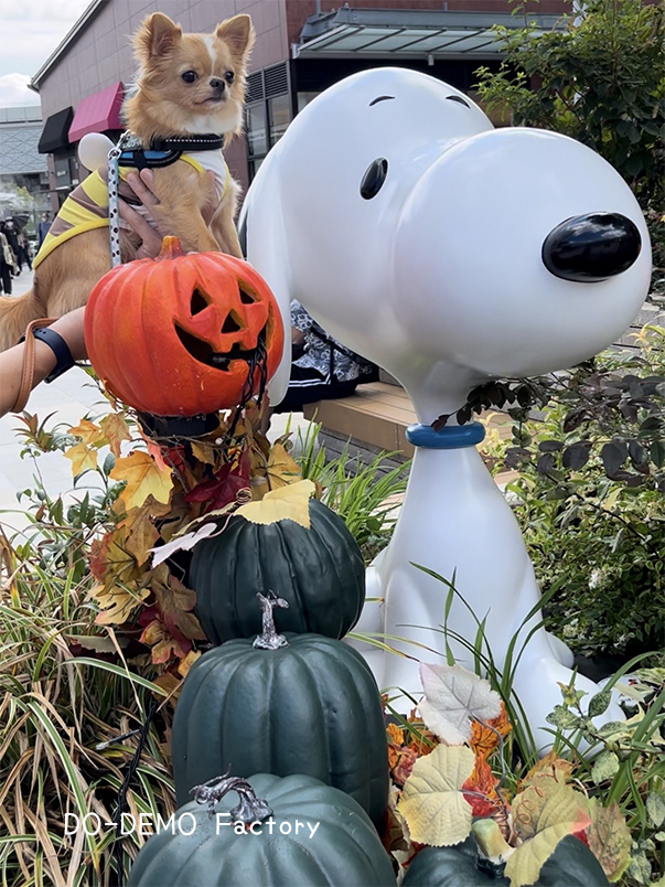 南町田グランベリーパークのハロウィンバージョンのスヌーピー像とチワワの写真