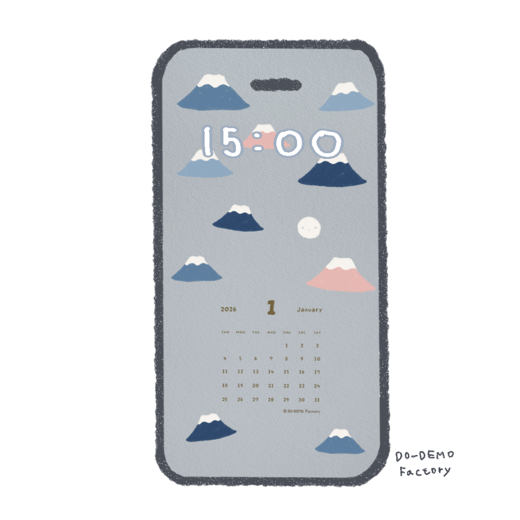 2026年1月のスマホ用壁紙カレンダー。富士山とゆるキャラどーでもくんのイラスト。