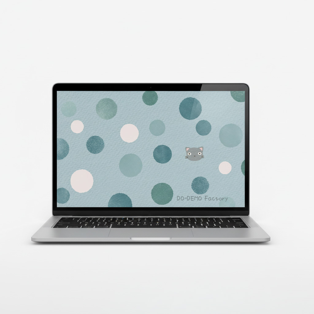 猫と水玉のパソコン用壁紙。黒猫のイラストと落ち着いたくすみブルーの水玉イラスト。