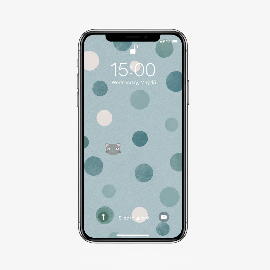 猫と水玉のスマホ用壁紙。黒猫のイラストと落ち着いたくすみブルーの水玉イラスト。