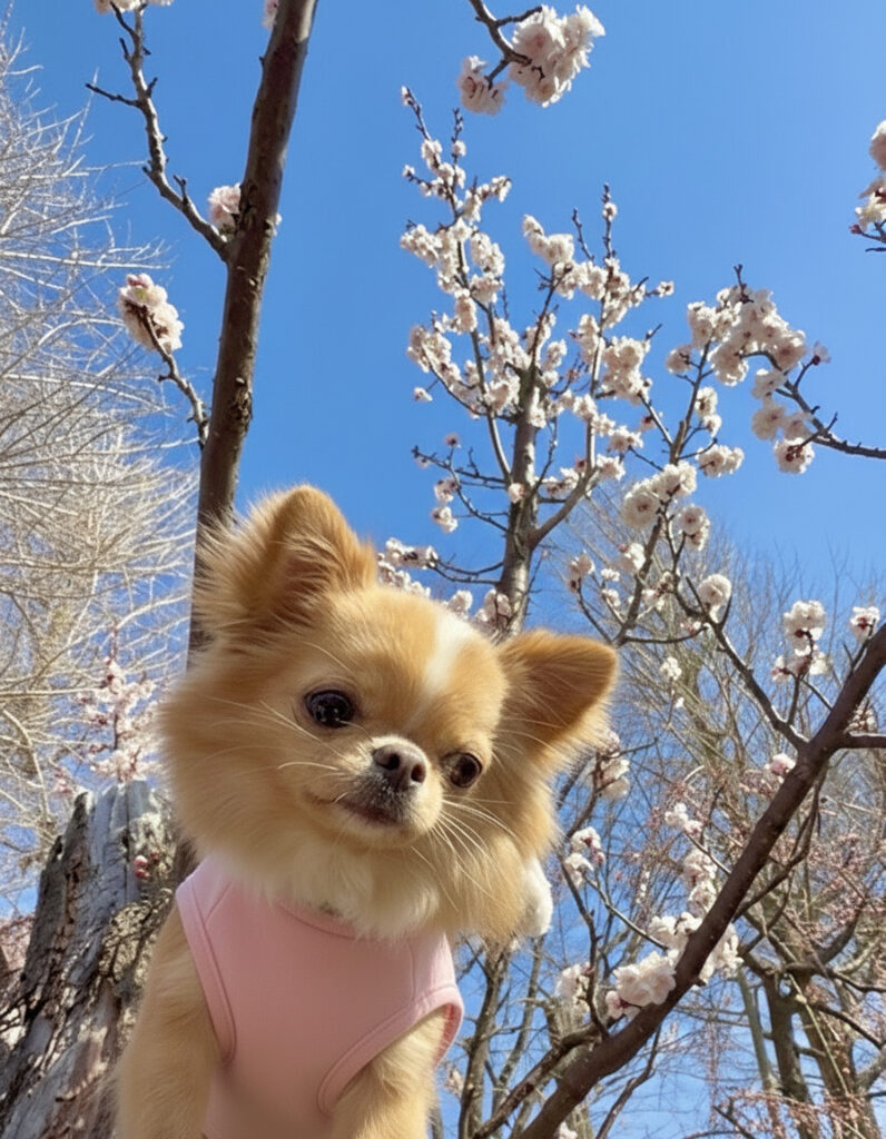 青空の下で梅の木とチワワを撮影した写真 | 羽根木公園