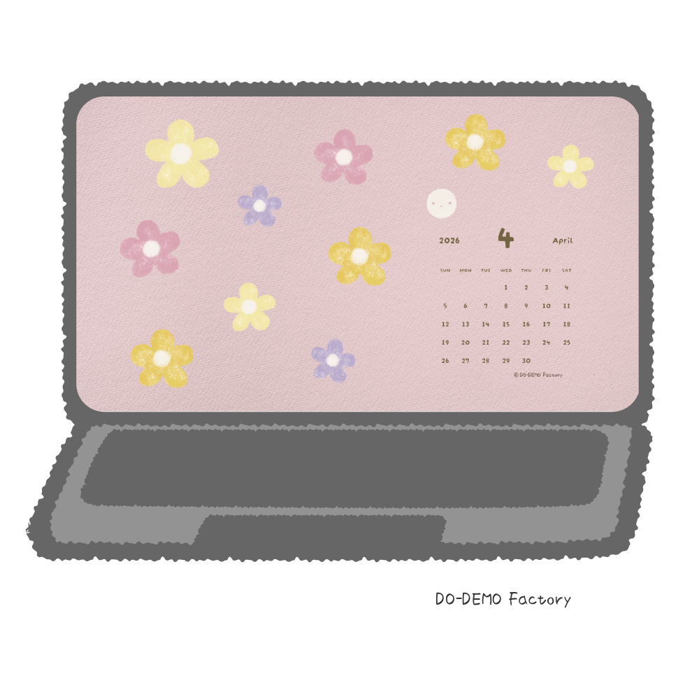 2026年4月のパソコン用壁紙カレンダー。カラフルな花とゆるキャラどーでもくんのイラスト。