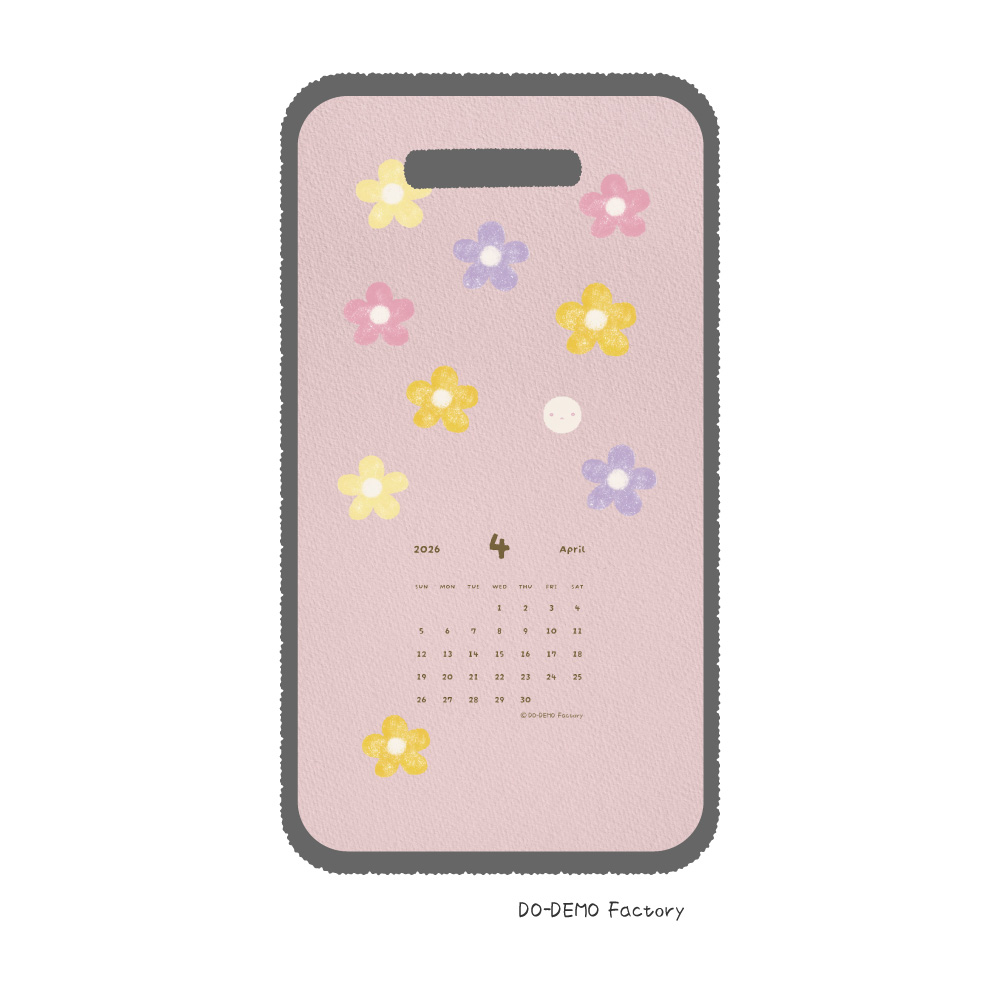2026年4月のスマホ用壁紙カレンダー。カラフルな花とゆるキャラどーでもくんのイラスト。