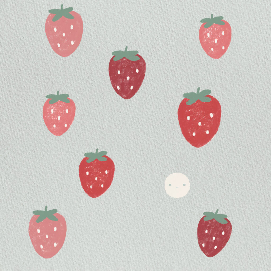 手描きのいちごとゆるキャラどーでもくんのイラスト