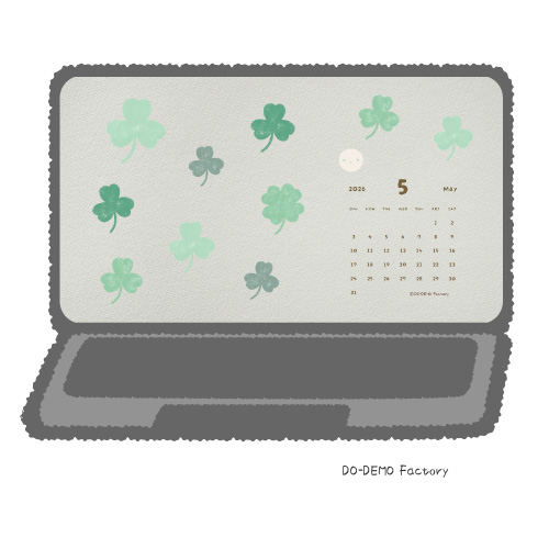 2026年5月のパソコン用壁紙カレンダー。クローバーとゆるキャラどーでもくんのイラスト。