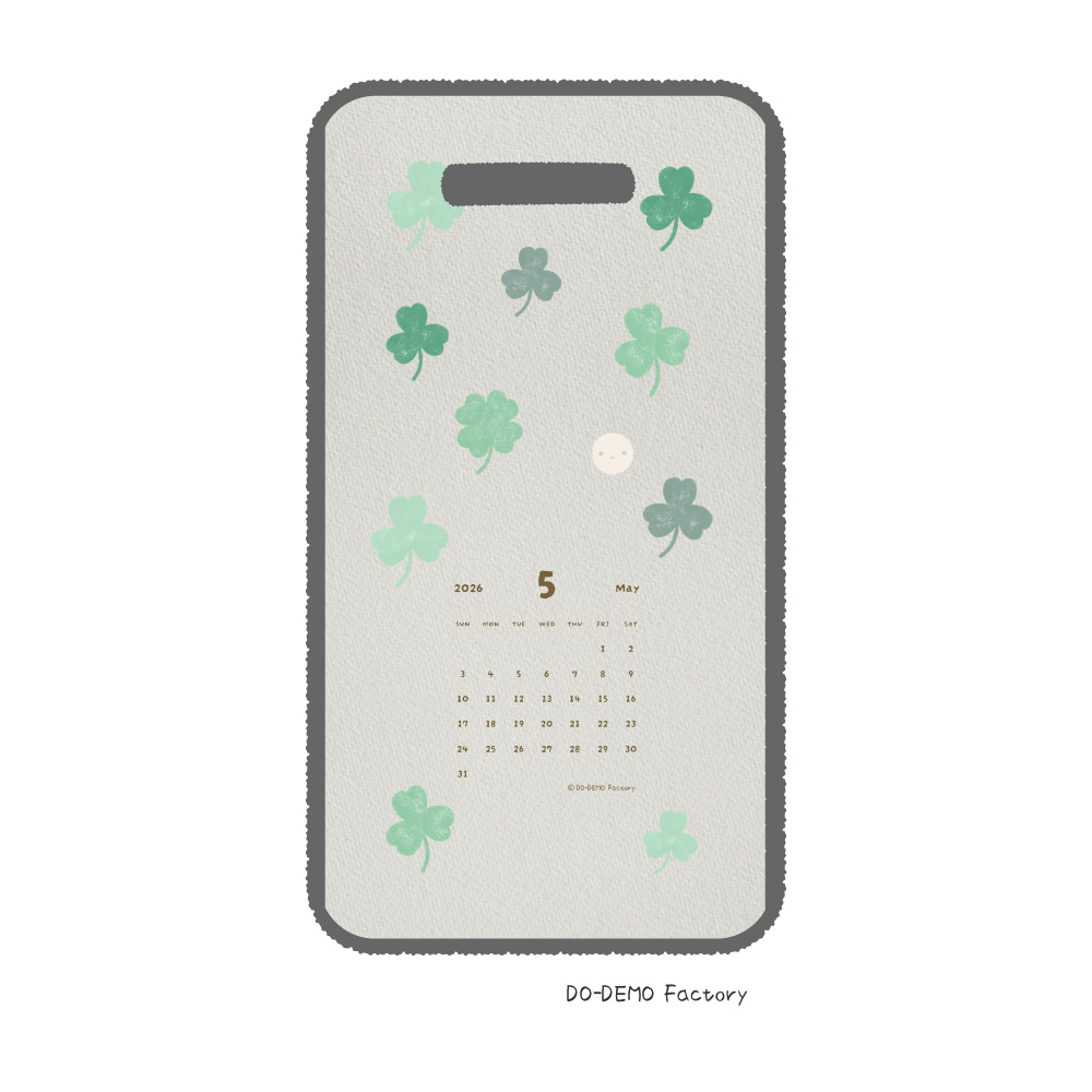 2026年5月のスマホ用壁紙カレンダー。クローバーとゆるキャラどーでもくんのイラスト。