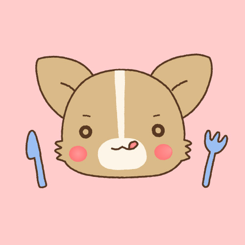 はらぺこチワワ。ナイフとフォークとチワワのイラスト。