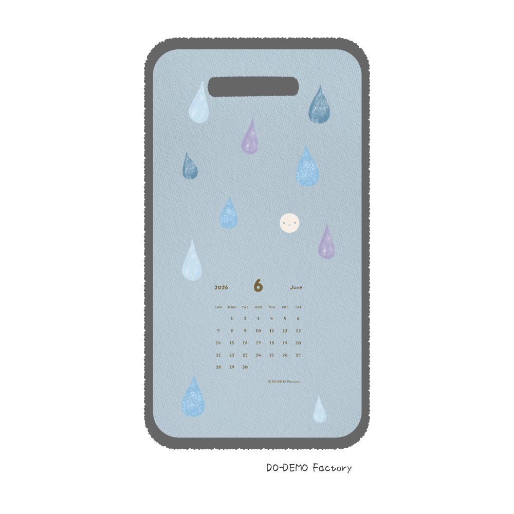 2026年6月のスマホ用壁紙カレンダー。雫とゆるキャラどーでもくんのイラスト。