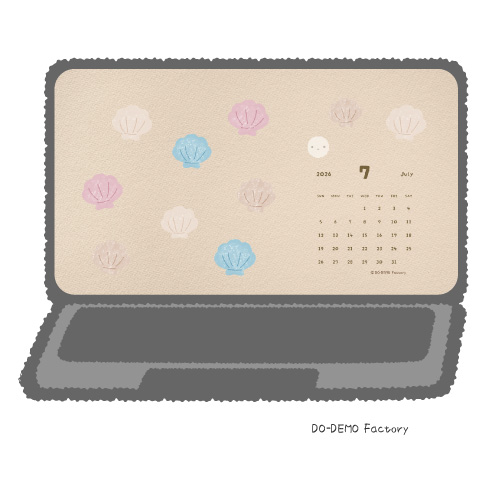 2026年7月のパソコン用壁紙カレンダー。貝殻とゆるキャラどーでもくんのイラスト。