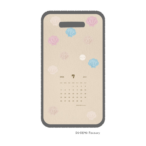 2026年7月のスマホ用壁紙カレンダー。貝殻とゆるキャラどーでもくんのイラスト。